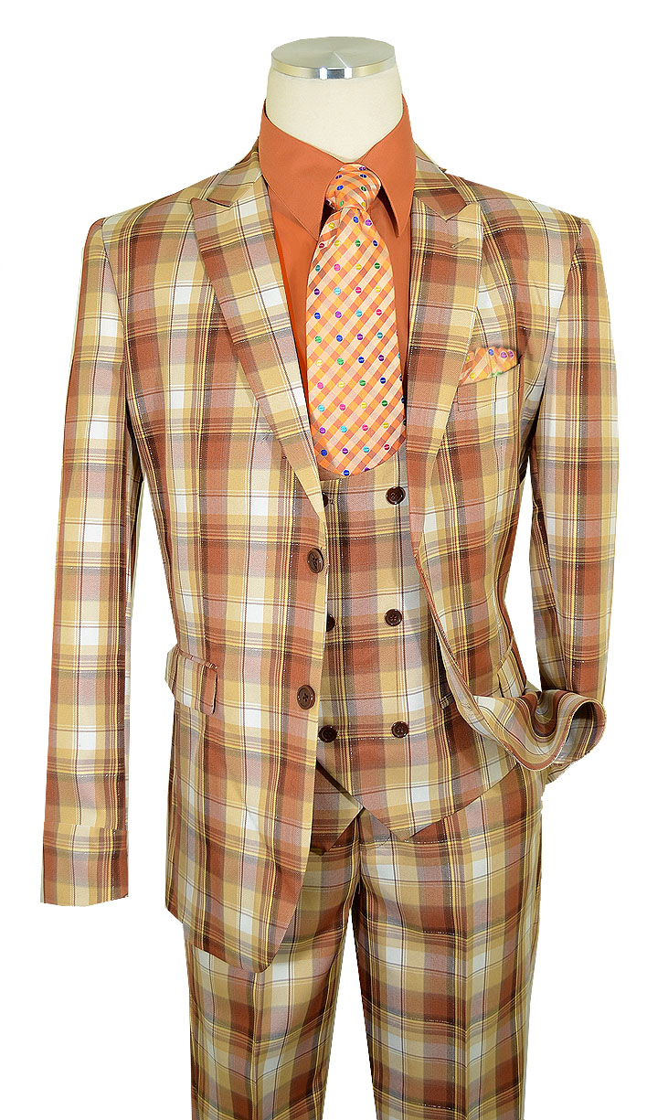 Cielo Cognac / Camel / Brown / Silver Lurex Plaid Slim Fit Vested Suit BPV3597